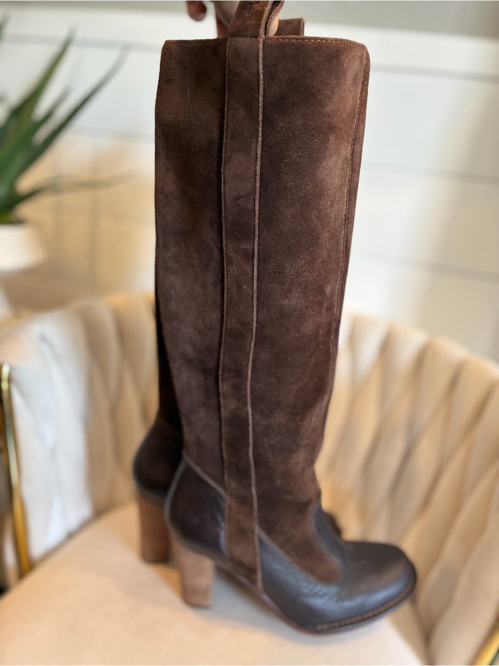 Frye Dark Brown Suede & Leather Knee-High Heeled Boots